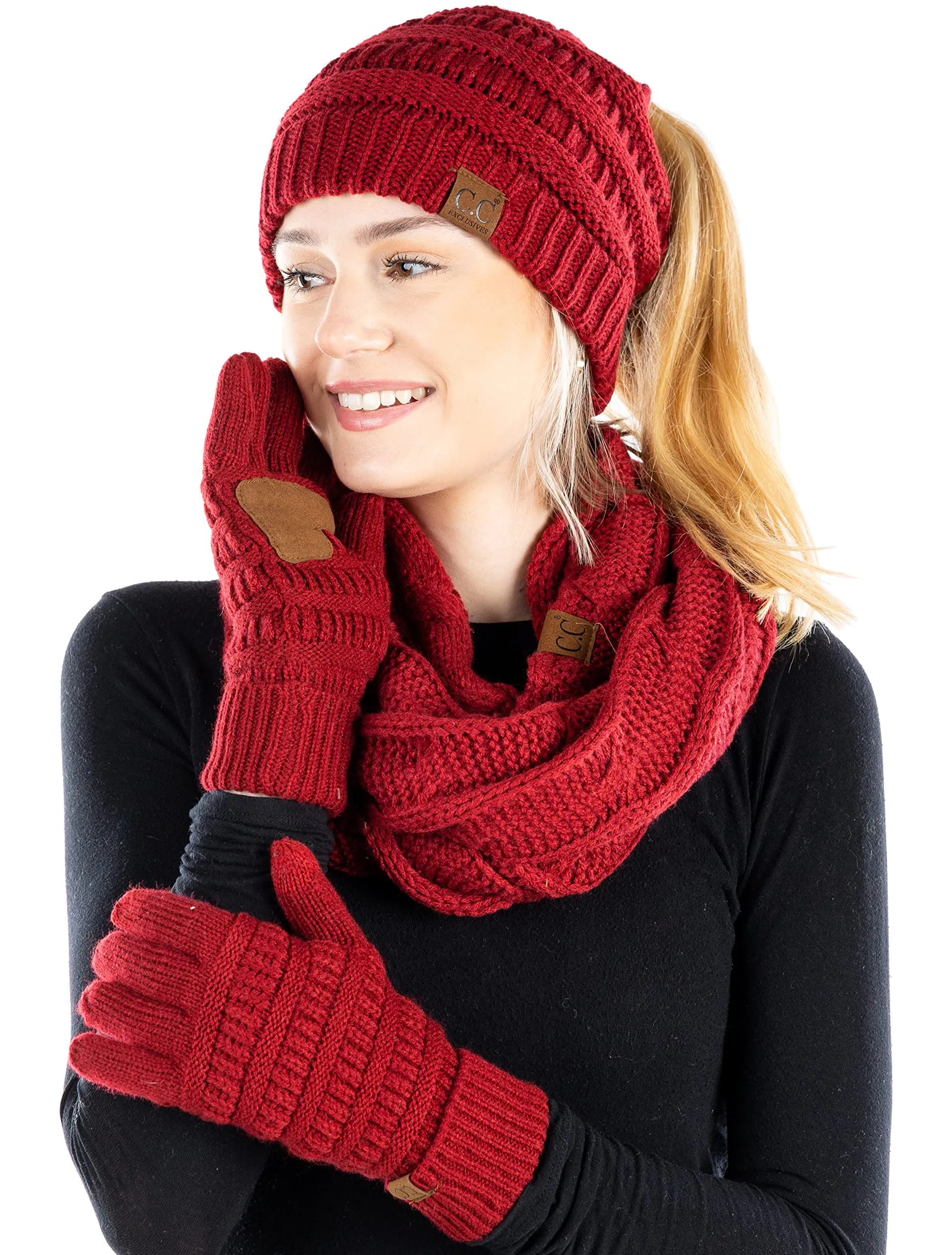 Ponytail Beanie, Infinity Scarf & Gloves Matching Set by Funky Junque