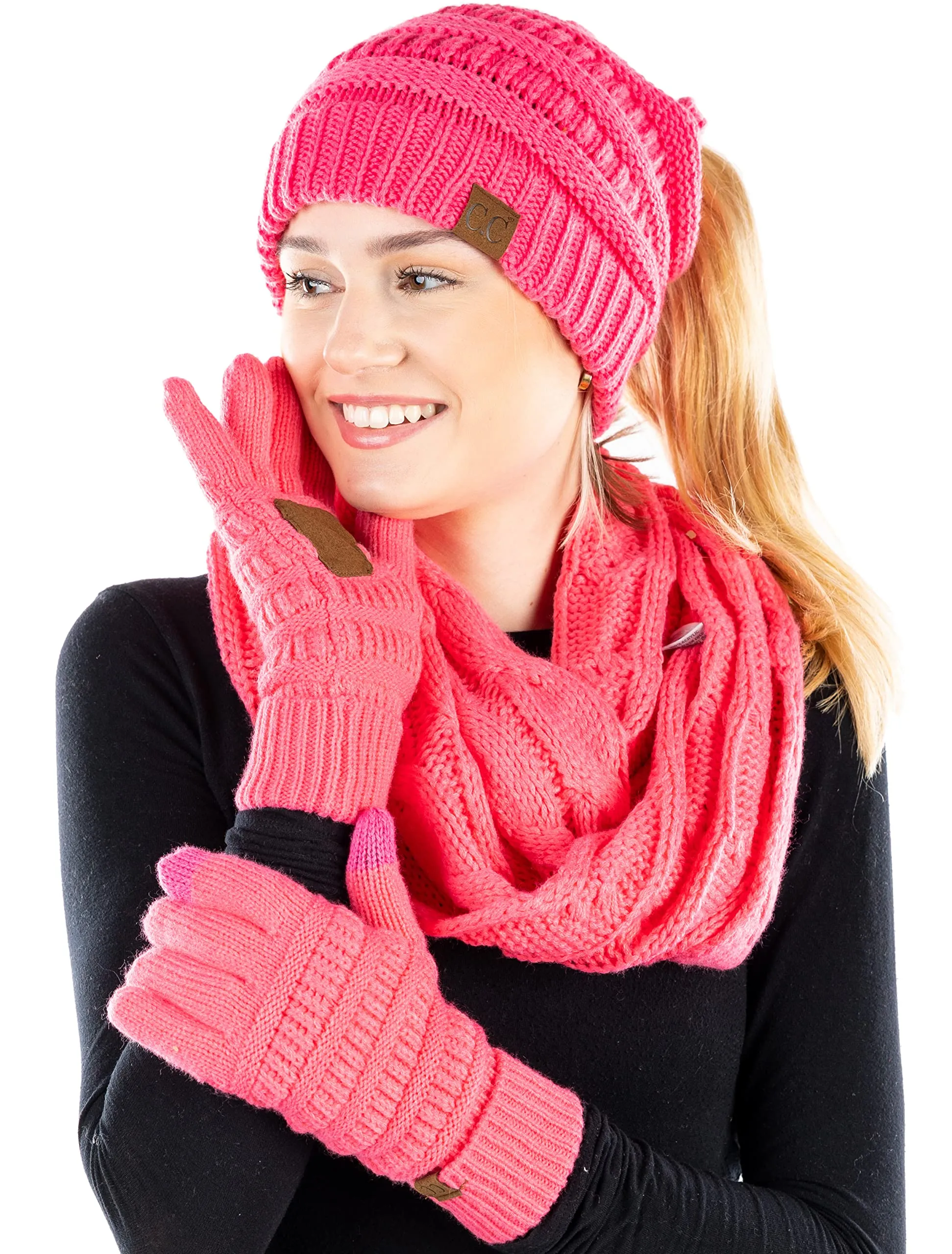 Ponytail Beanie, Infinity Scarf & Gloves Matching Set by Funky Junque