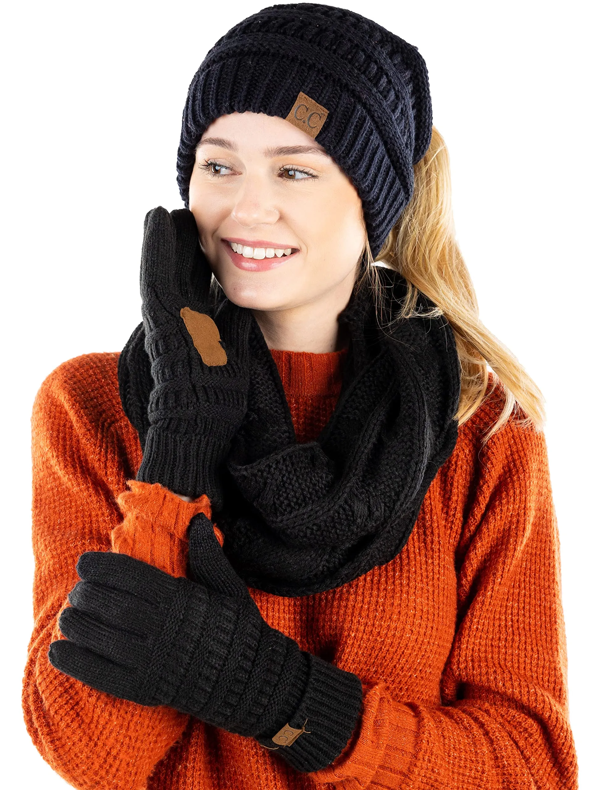 Ponytail Beanie, Infinity Scarf & Gloves Matching Set by Funky Junque