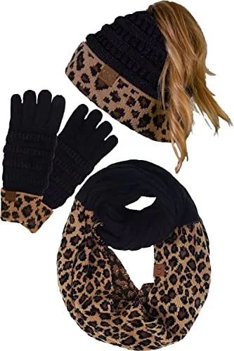 Ponytail Beanie, Infinity Scarf & Gloves Matching Set by Funky Junque