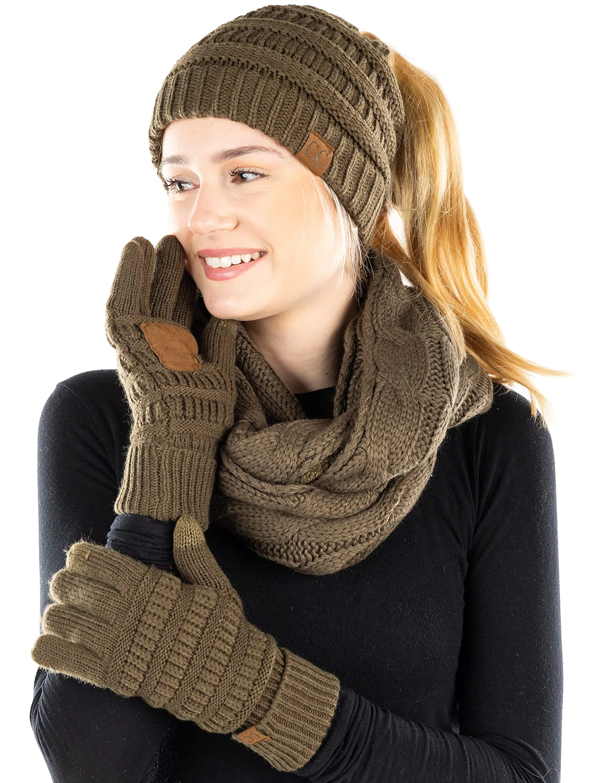 Ponytail Beanie, Infinity Scarf & Gloves Matching Set by Funky Junque
