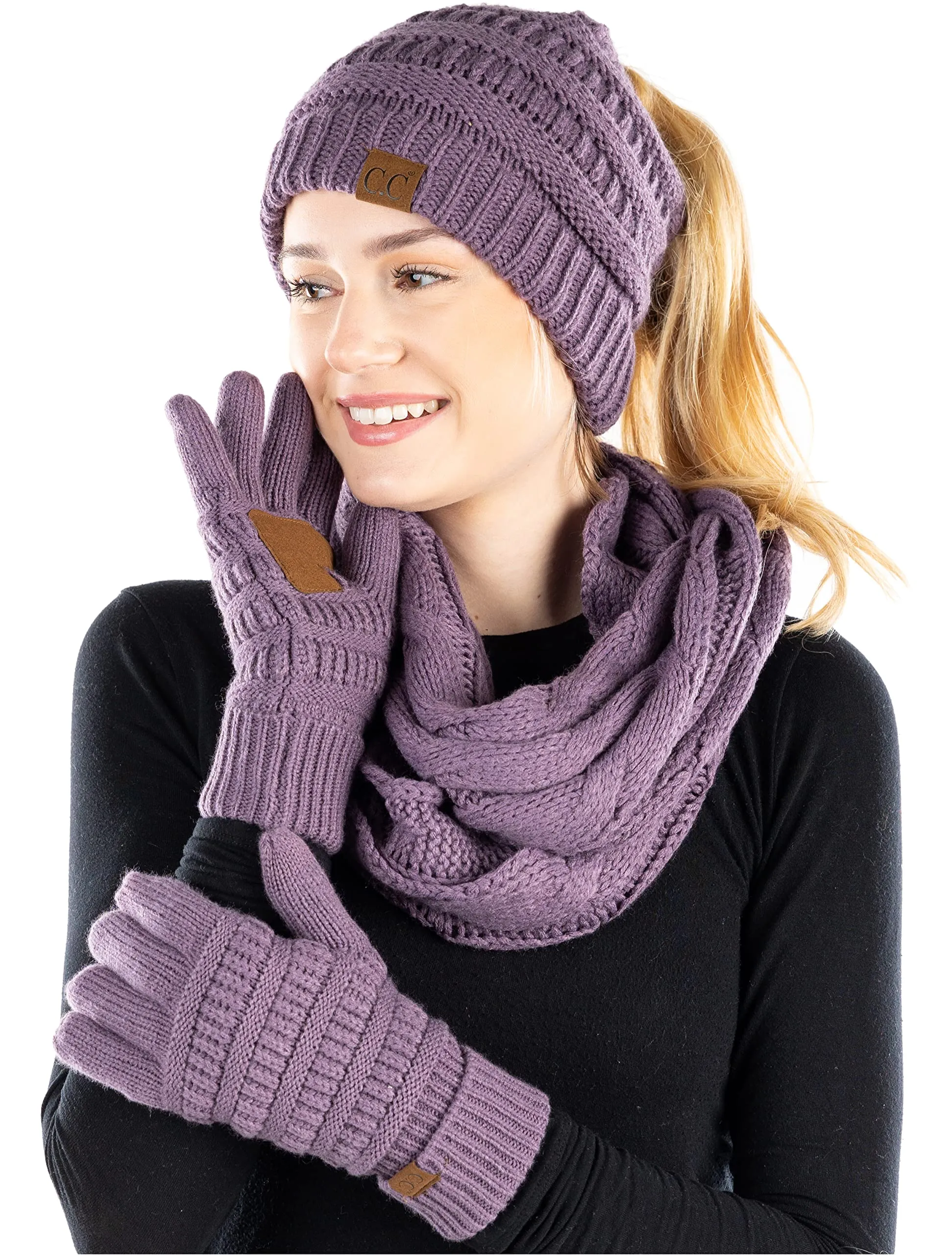 Ponytail Beanie, Infinity Scarf & Gloves Matching Set by Funky Junque