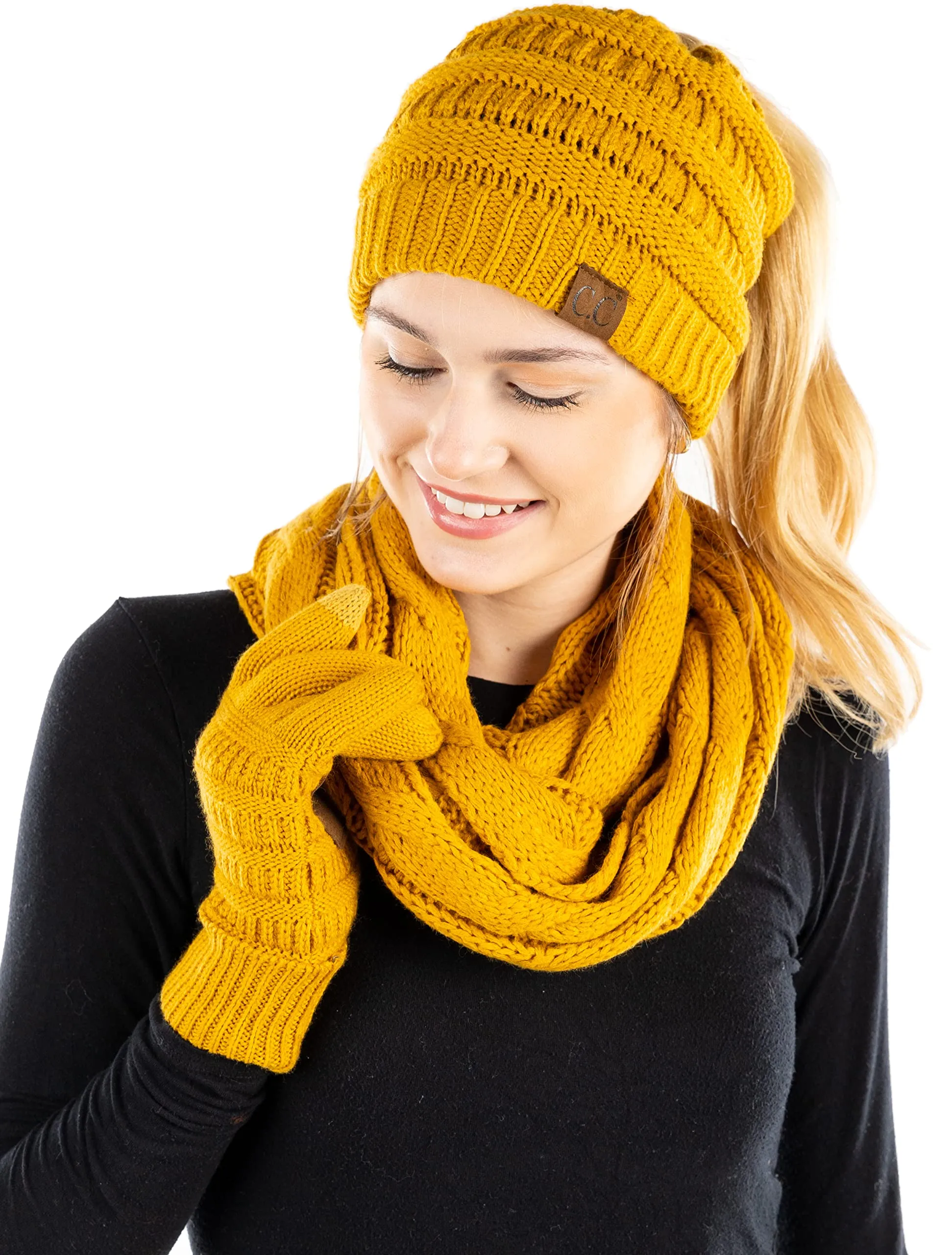 Ponytail Beanie, Infinity Scarf & Gloves Matching Set by Funky Junque