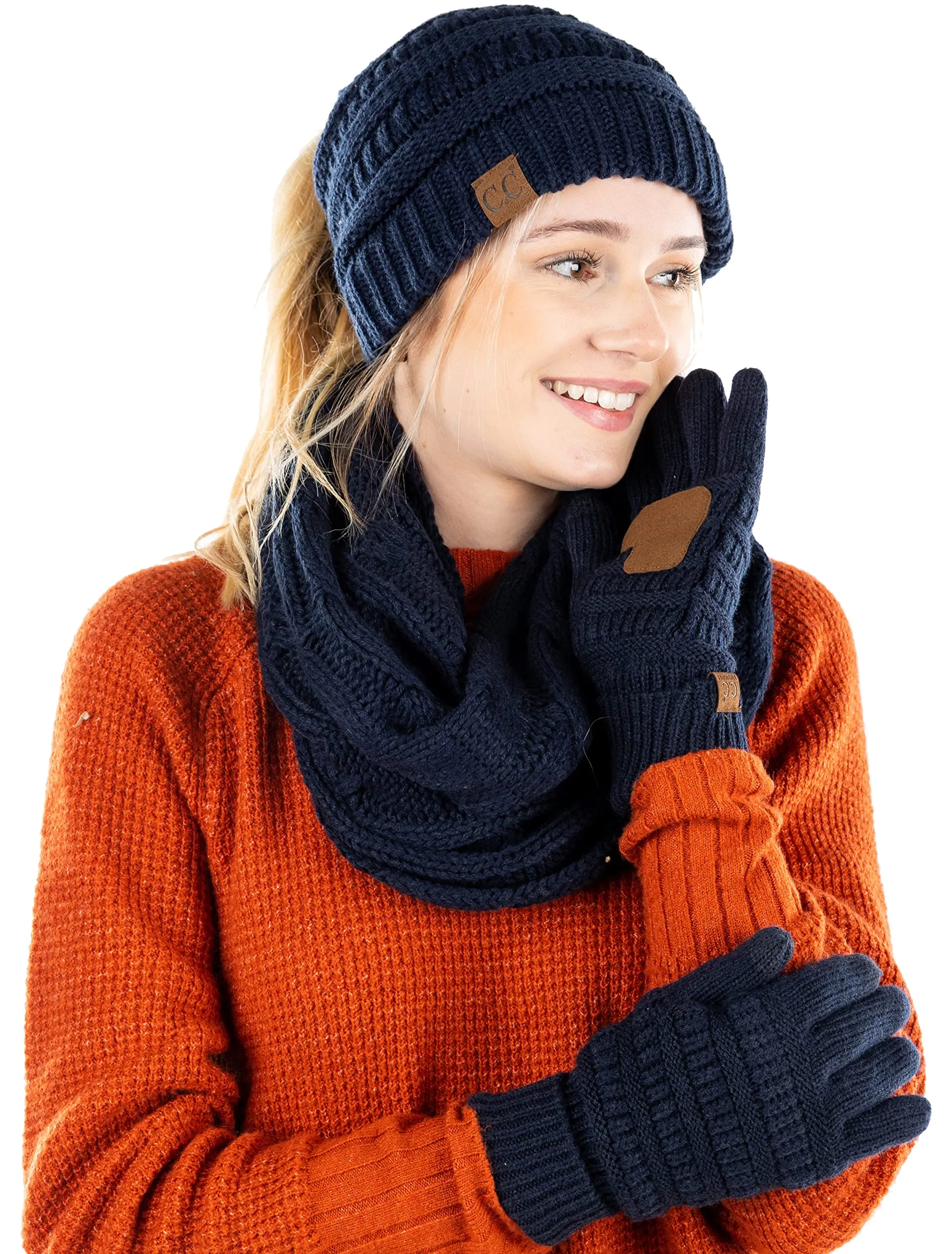 Ponytail Beanie, Infinity Scarf & Gloves Matching Set by Funky Junque