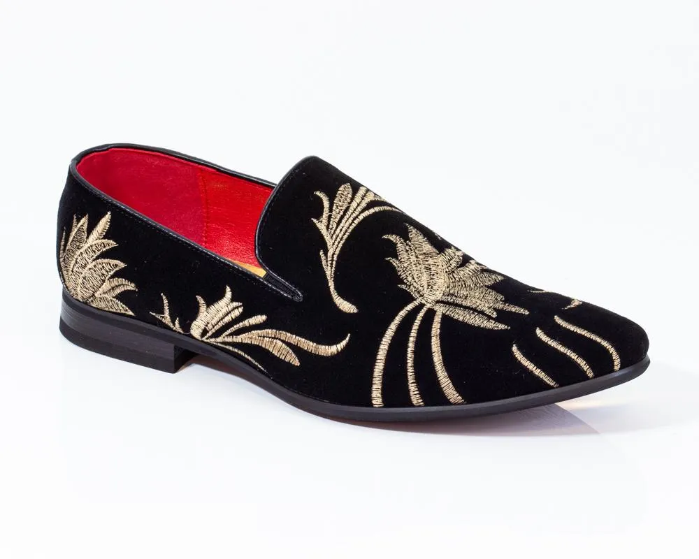 Premium Black And Golden Flowers Loafers for men designer slip on casual / dress shoes – Luxury
