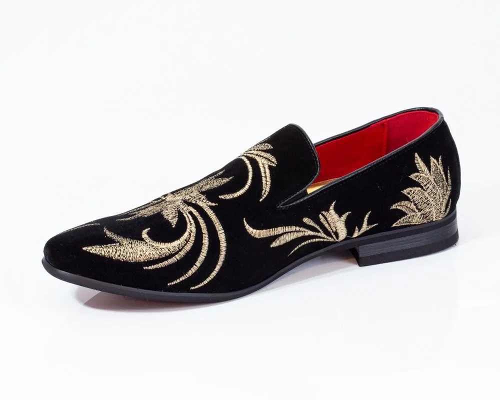 Premium Black And Golden Flowers Loafers for men designer slip on casual / dress shoes – Luxury