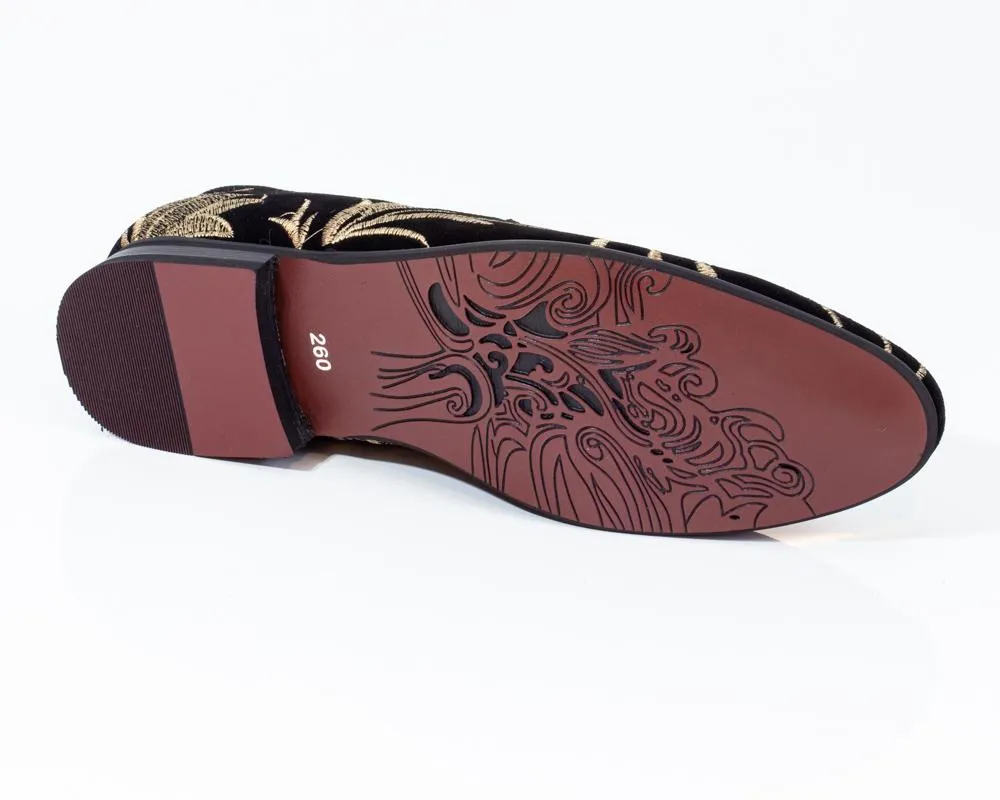 Premium Black And Golden Flowers Loafers for men designer slip on casual / dress shoes – Luxury