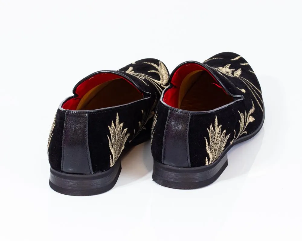 Premium Black And Golden Flowers Loafers for men designer slip on casual / dress shoes – Luxury