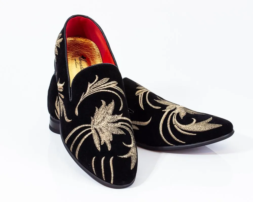 Premium Black And Golden Flowers Loafers for men designer slip on casual / dress shoes – Luxury