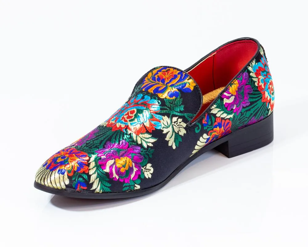Premium Black Multicolor Floral Loafers for men designer slip on casual / dress shoes – Luxury