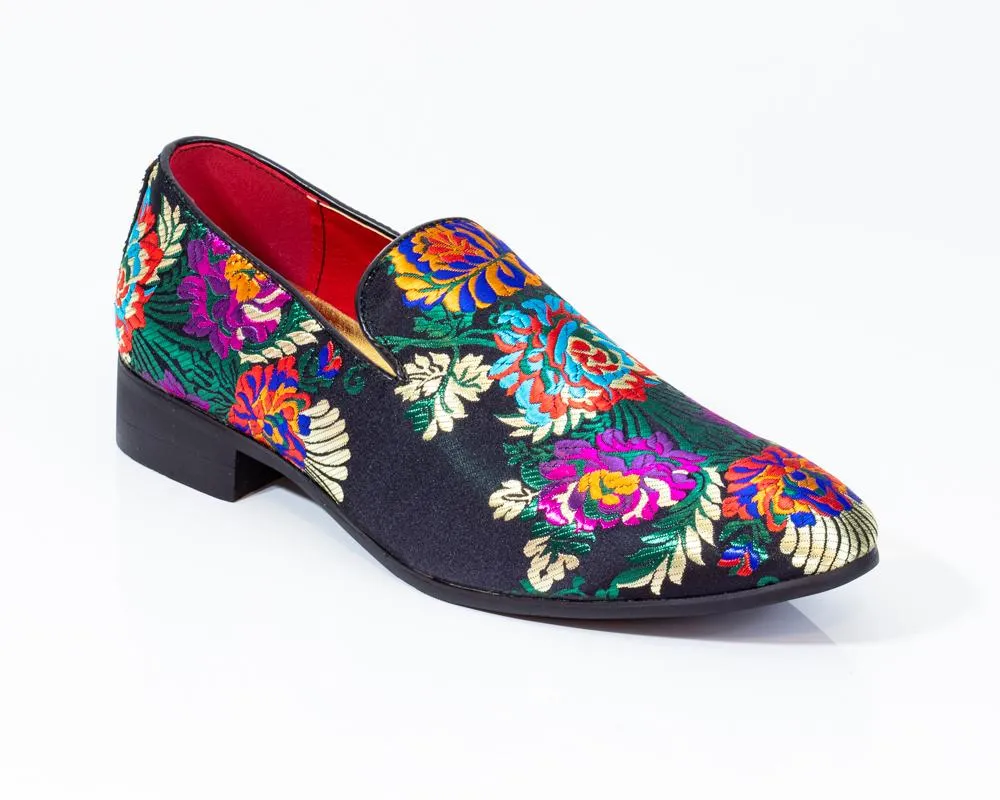 Premium Black Multicolor Floral Loafers for men designer slip on casual / dress shoes – Luxury