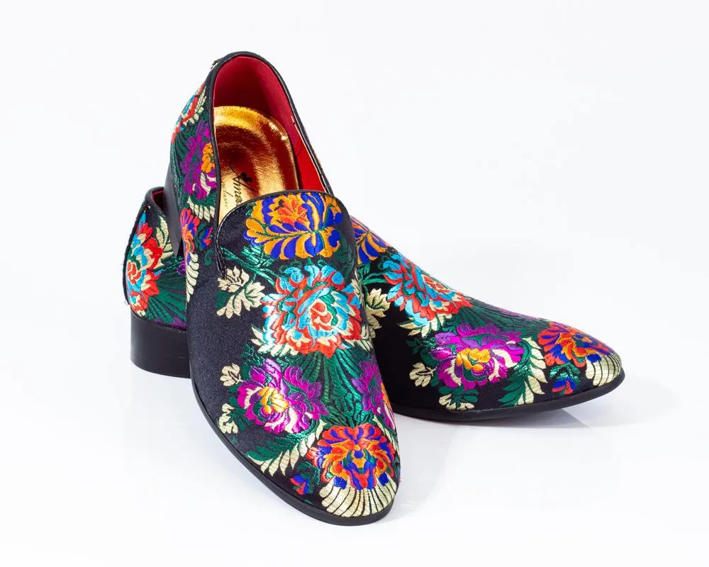 Premium Black Multicolor Floral Loafers for men designer slip on casual / dress shoes – Luxury