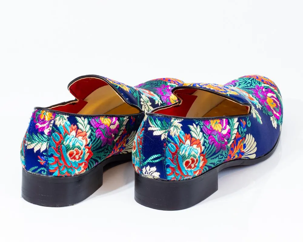 Premium Blue Multicolor Floral Loafers for men designer slip on casual / dress shoes – Luxury