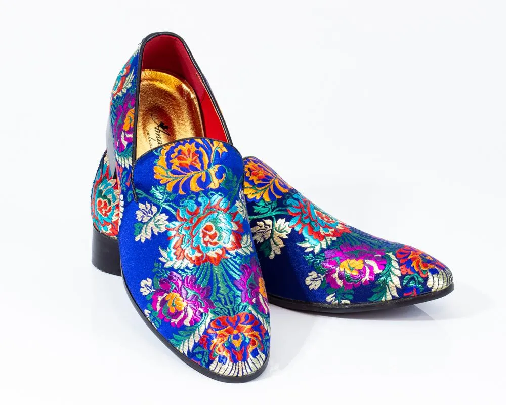 Premium Blue Multicolor Floral Loafers for men designer slip on casual / dress shoes – Luxury