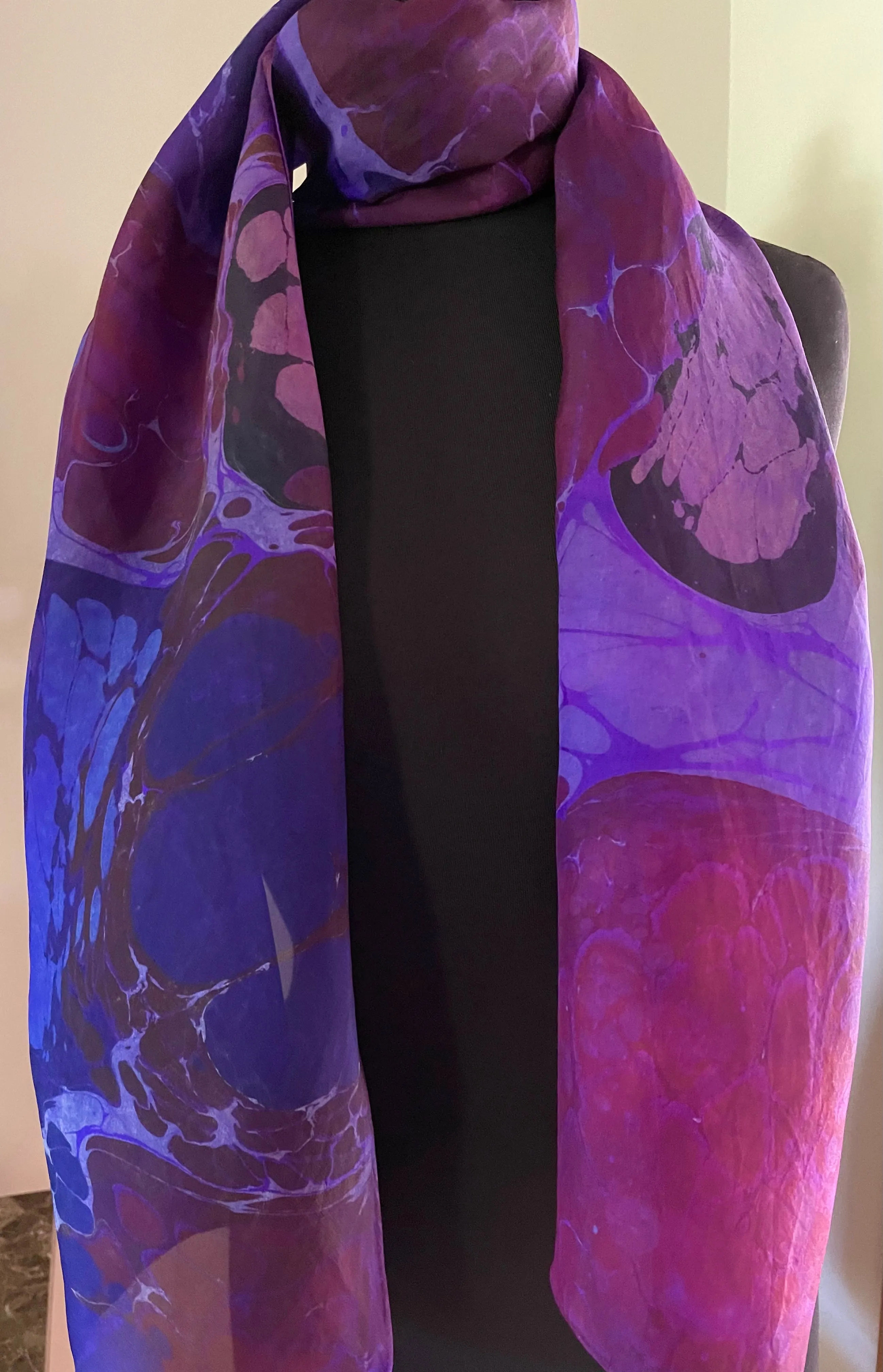 Purple Kandinsky.  Water Marbled Habotai Silk 14x72.
