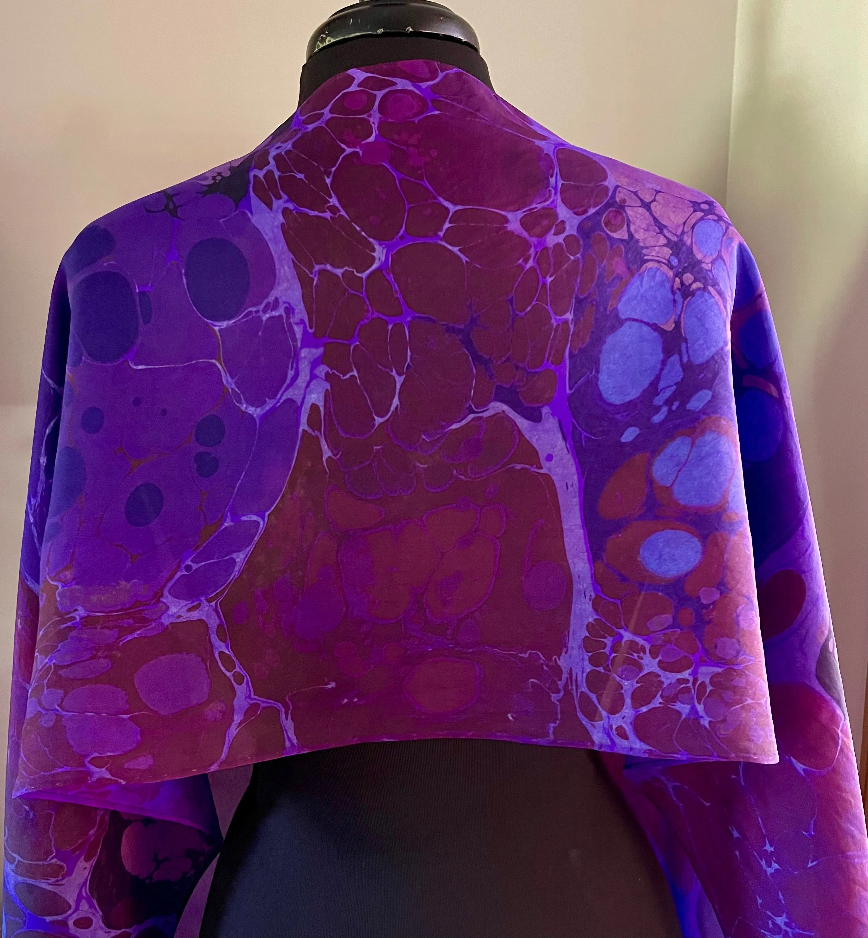 Purple Kandinsky.  Water Marbled Habotai Silk 14x72.