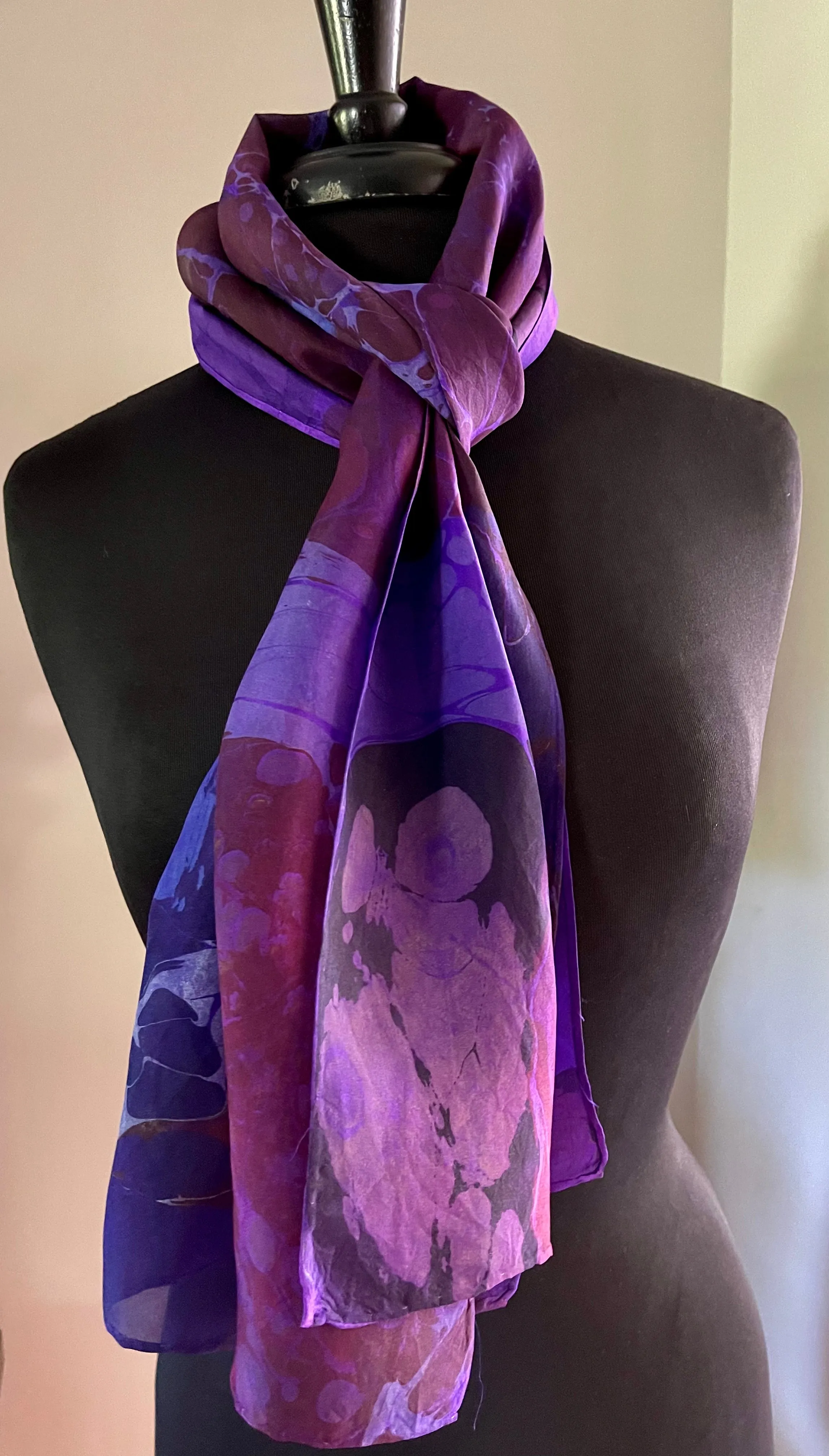Purple Kandinsky.  Water Marbled Habotai Silk 14x72.
