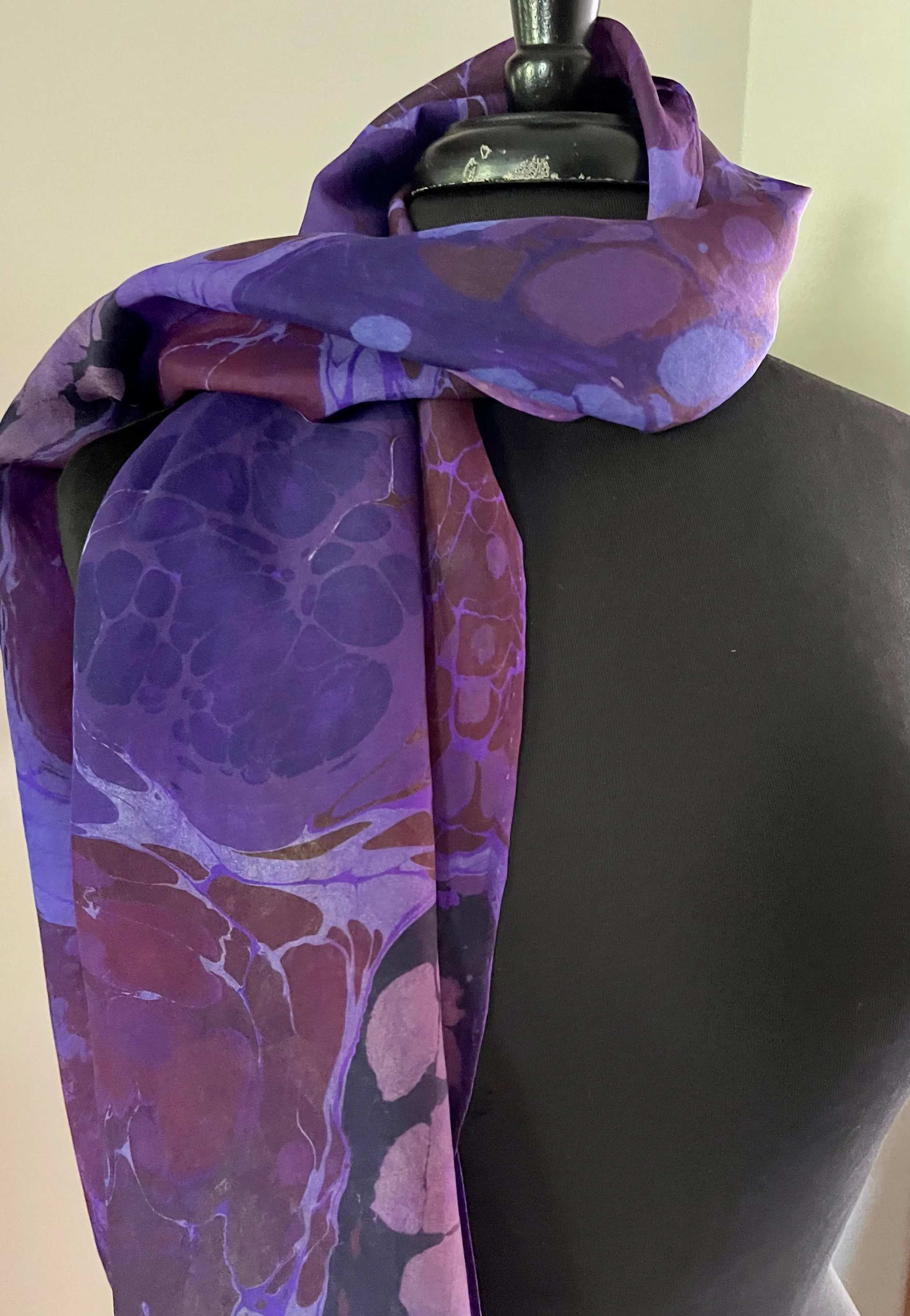 Purple Kandinsky.  Water Marbled Habotai Silk 14x72.