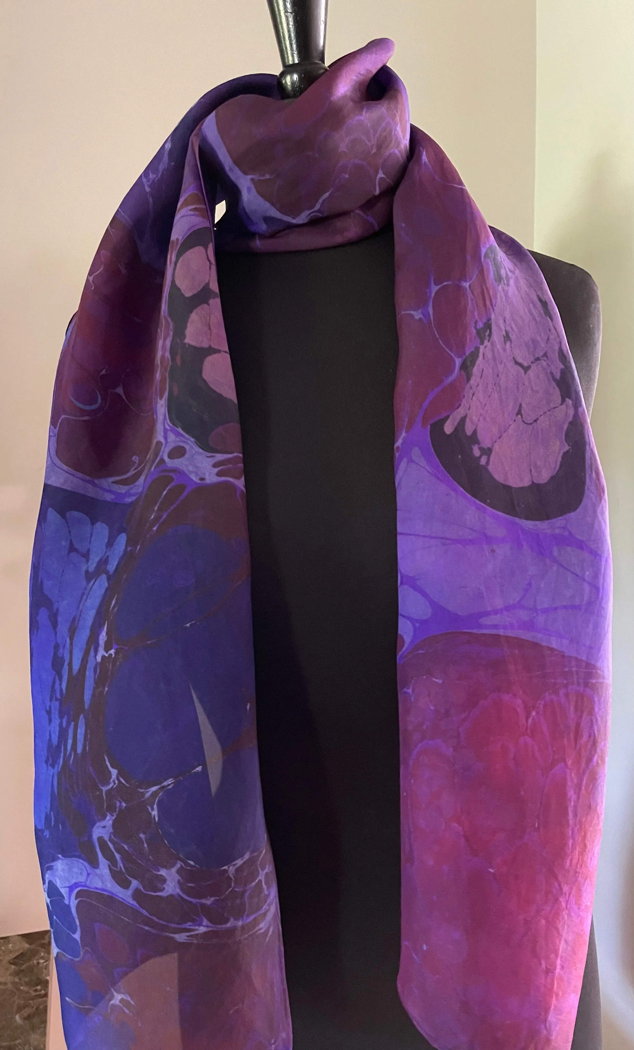 Purple Kandinsky.  Water Marbled Habotai Silk 14x72.