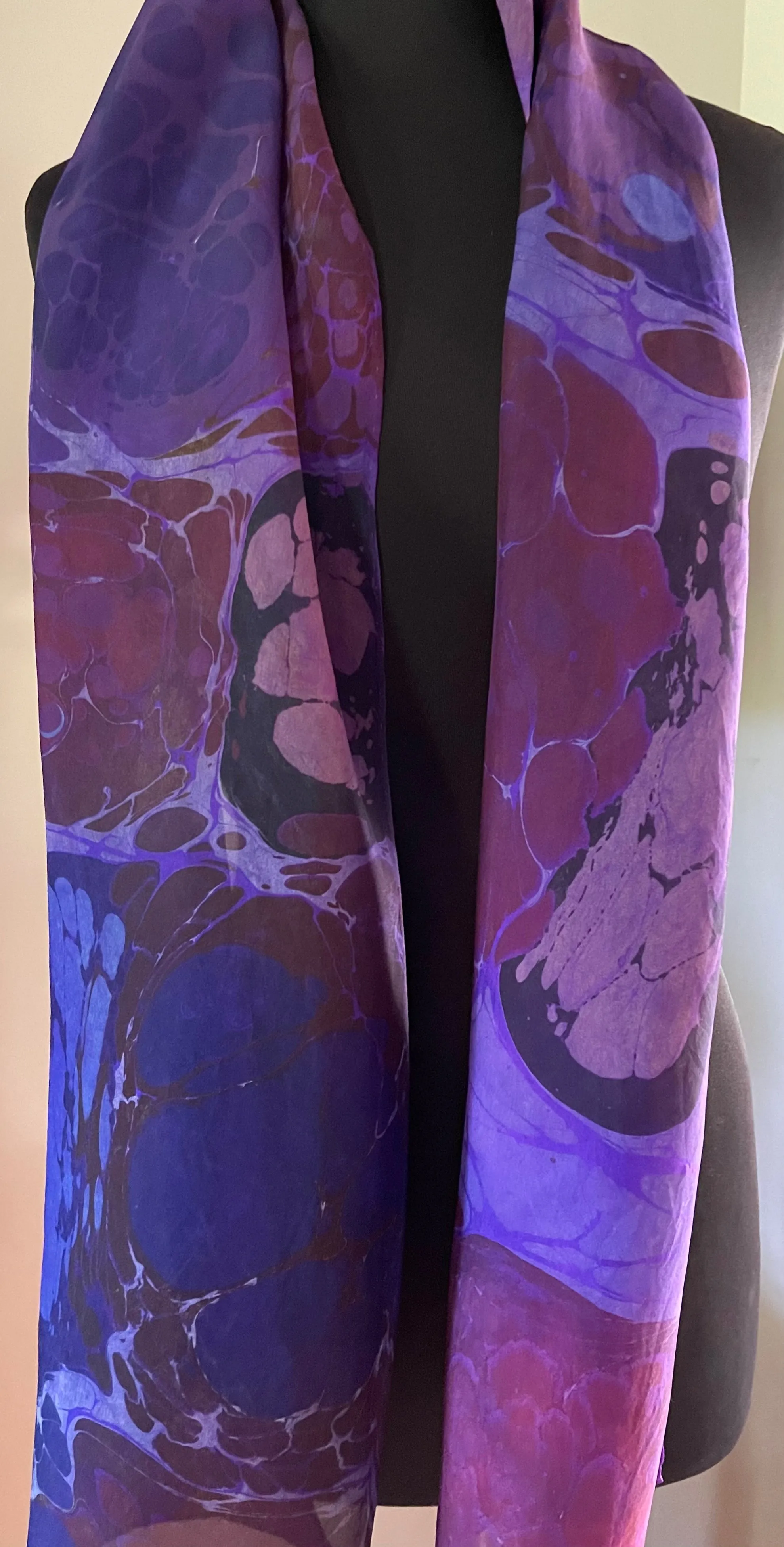 Purple Kandinsky.  Water Marbled Habotai Silk 14x72.