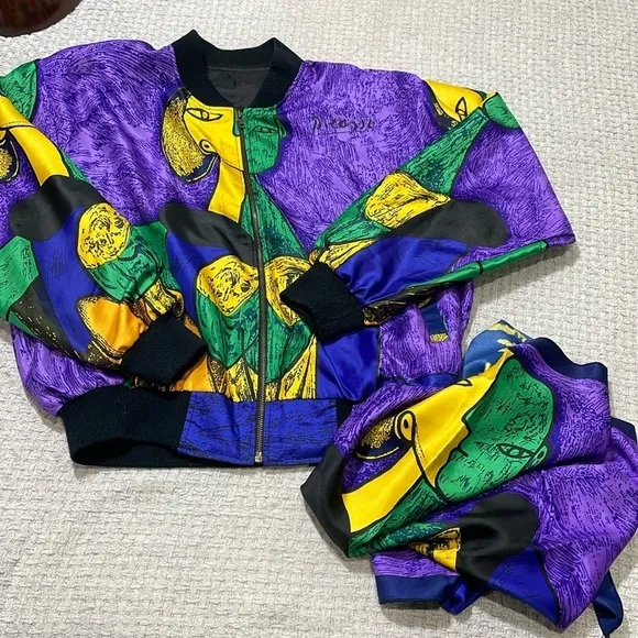 RARE Vintage 80-90s Picasso All Over Graphic SILK STREETWEAR BOMBER JACKET SCARF