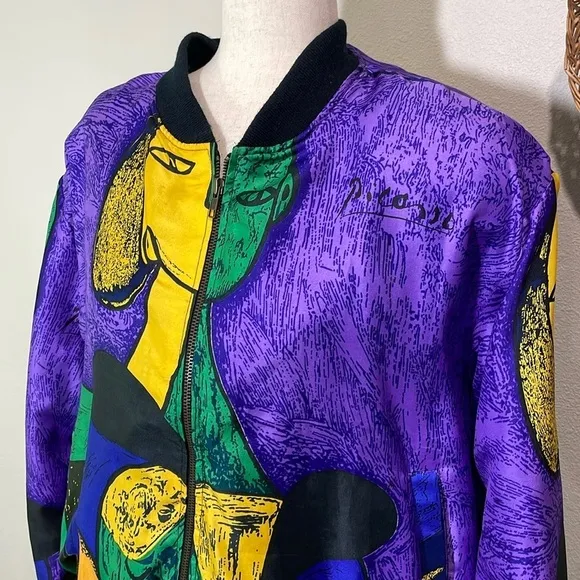 RARE Vintage 80-90s Picasso All Over Graphic SILK STREETWEAR BOMBER JACKET SCARF