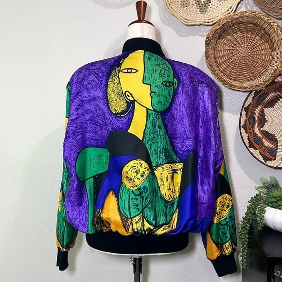 RARE Vintage 80-90s Picasso All Over Graphic SILK STREETWEAR BOMBER JACKET SCARF