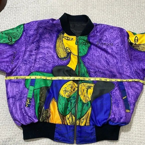 RARE Vintage 80-90s Picasso All Over Graphic SILK STREETWEAR BOMBER JACKET SCARF
