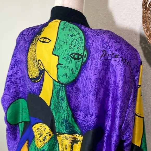 RARE Vintage 80-90s Picasso All Over Graphic SILK STREETWEAR BOMBER JACKET SCARF