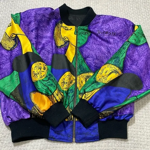 RARE Vintage 80-90s Picasso All Over Graphic SILK STREETWEAR BOMBER JACKET SCARF