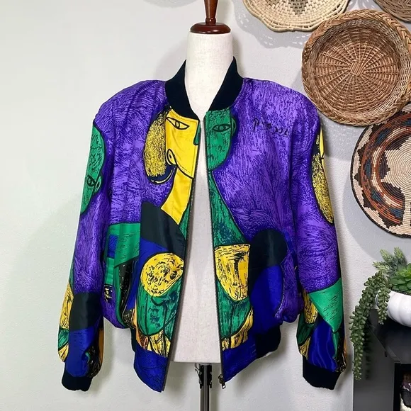 RARE Vintage 80-90s Picasso All Over Graphic SILK STREETWEAR BOMBER JACKET SCARF