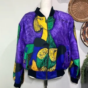 RARE Vintage 80-90s Picasso All Over Graphic SILK STREETWEAR BOMBER JACKET SCARF