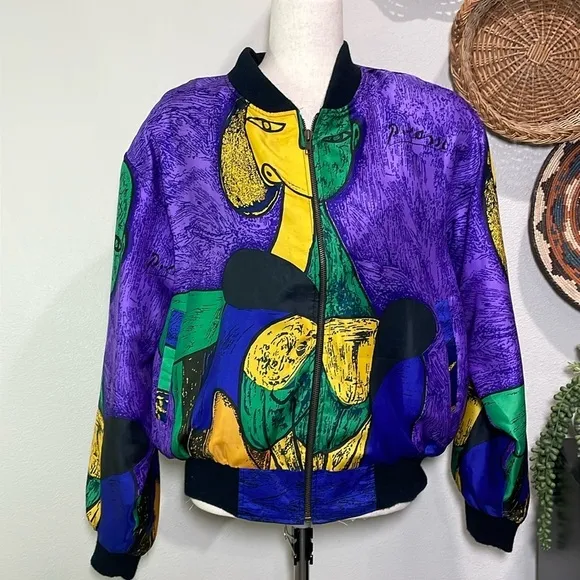 RARE Vintage 80-90s Picasso All Over Graphic SILK STREETWEAR BOMBER JACKET SCARF