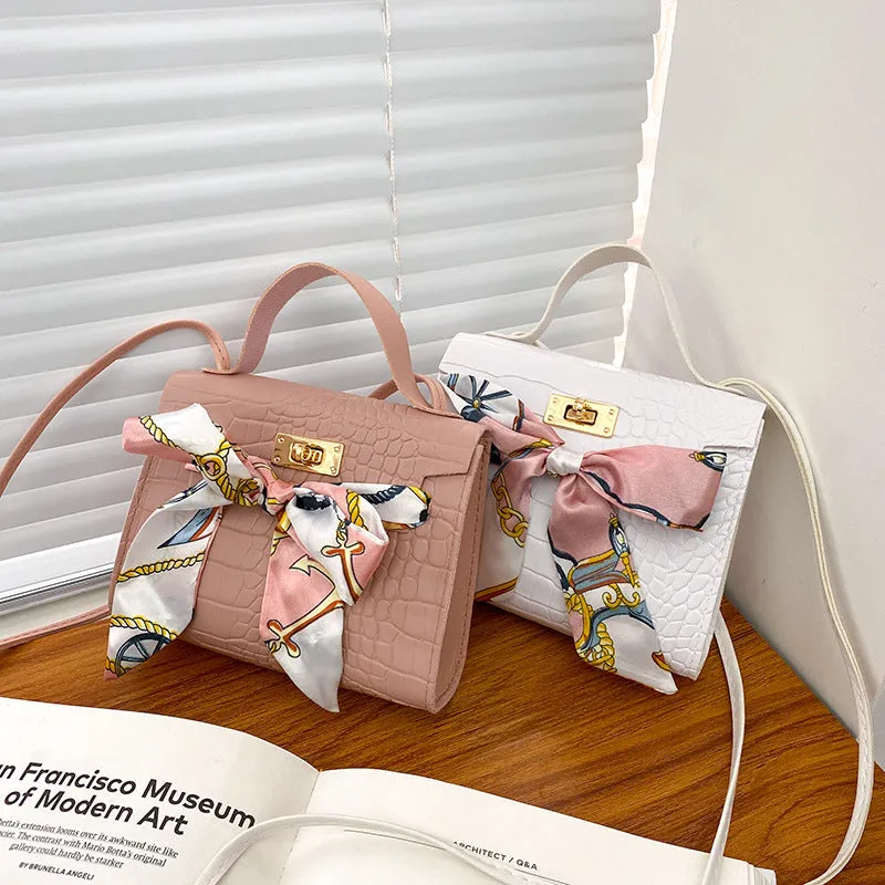 realaiot  A Crocodile Pattern Trendy Lipstick Bag With Silk Scarf, Vintage Artificial Leather Adjustable Handbag