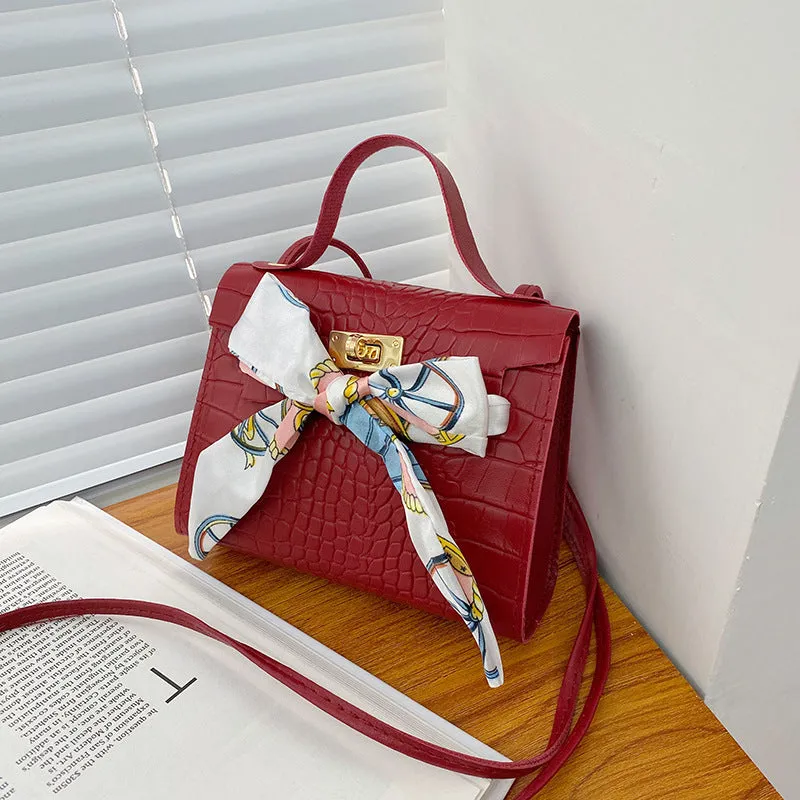 realaiot  A Crocodile Pattern Trendy Lipstick Bag With Silk Scarf, Vintage Artificial Leather Adjustable Handbag