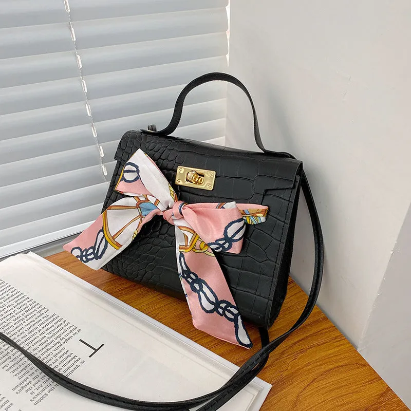 realaiot  A Crocodile Pattern Trendy Lipstick Bag With Silk Scarf, Vintage Artificial Leather Adjustable Handbag