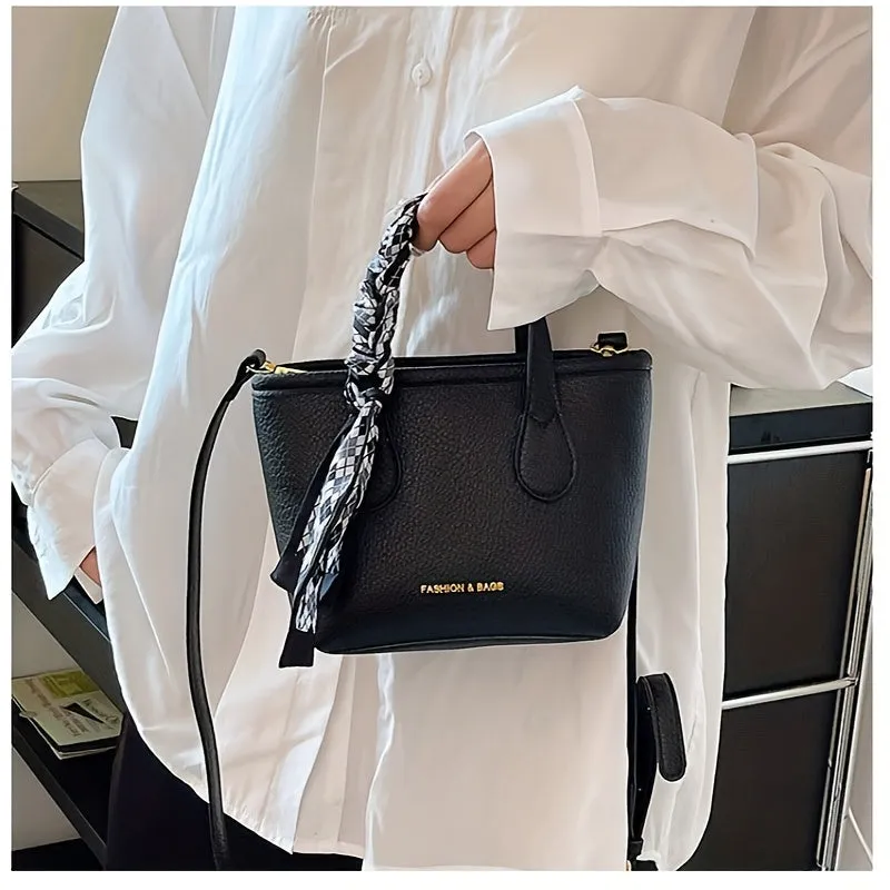 realaiot  Mini Trendy Crossbody Tote Bag, Fashion Scarf Decor Shoulder Bag, Women's Stylish Handbag & Satchel Purse