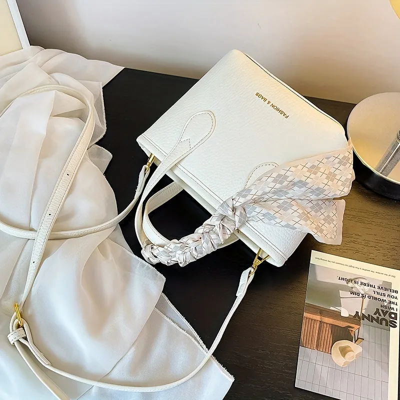 realaiot  Mini Trendy Crossbody Tote Bag, Fashion Scarf Decor Shoulder Bag, Women's Stylish Handbag & Satchel Purse