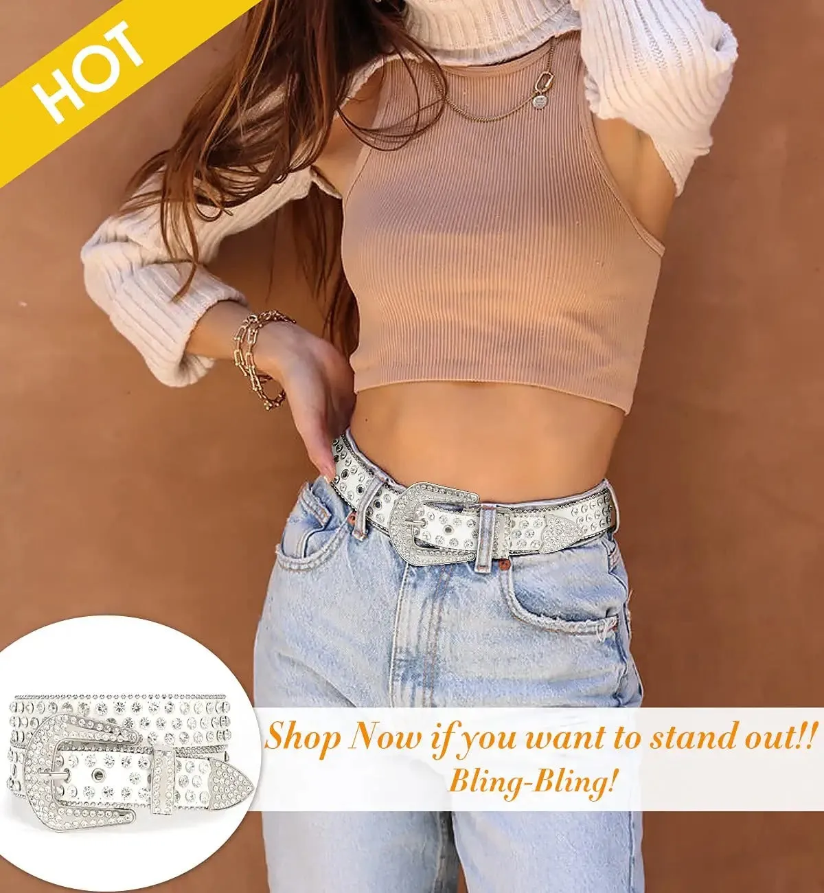 Rhinestone Belt for Men Women Western Cowboy Cowgirl Bling Studded Leather Belt for Jeans Pants