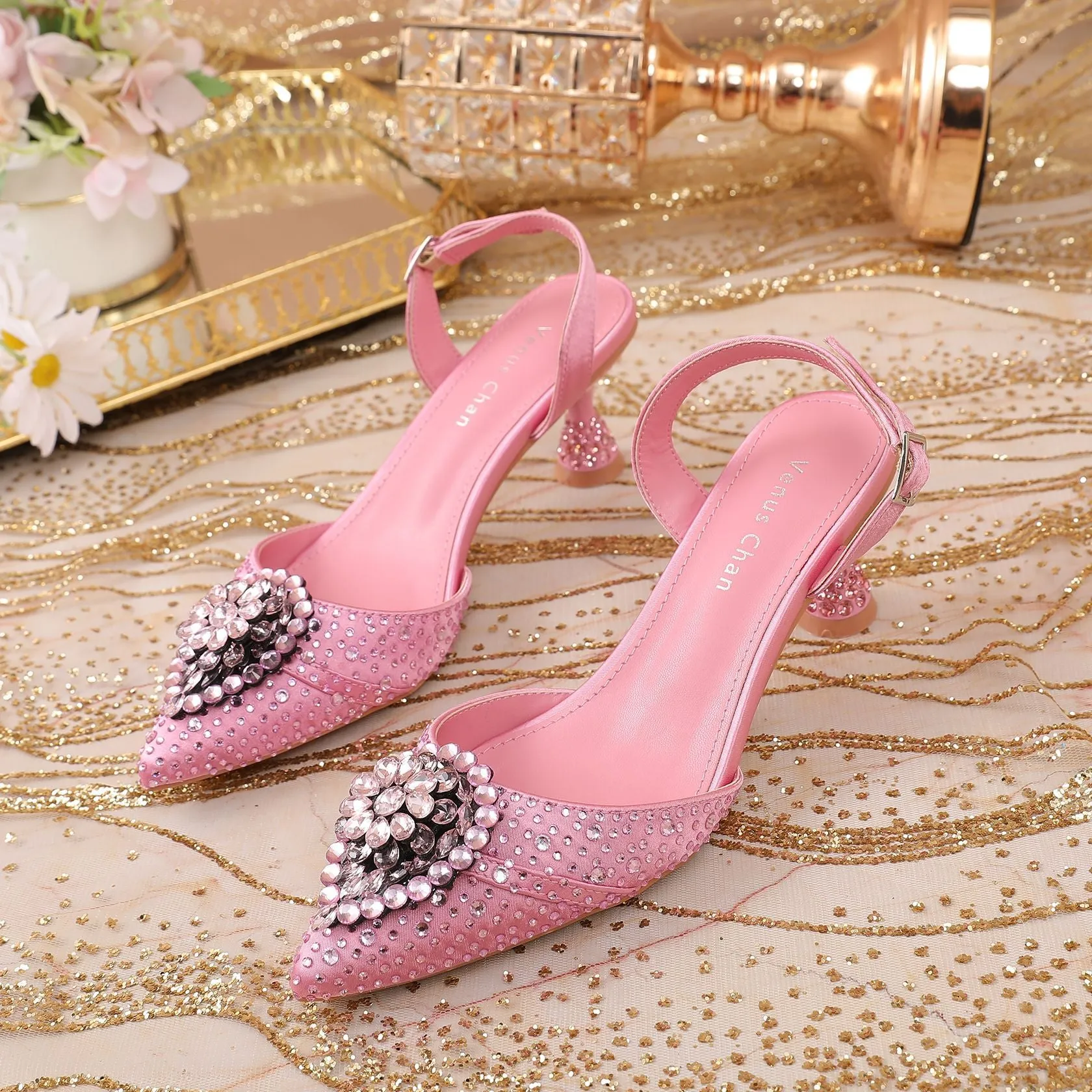 Rhinestone Point Toe Flare Heel Slingback Pumps