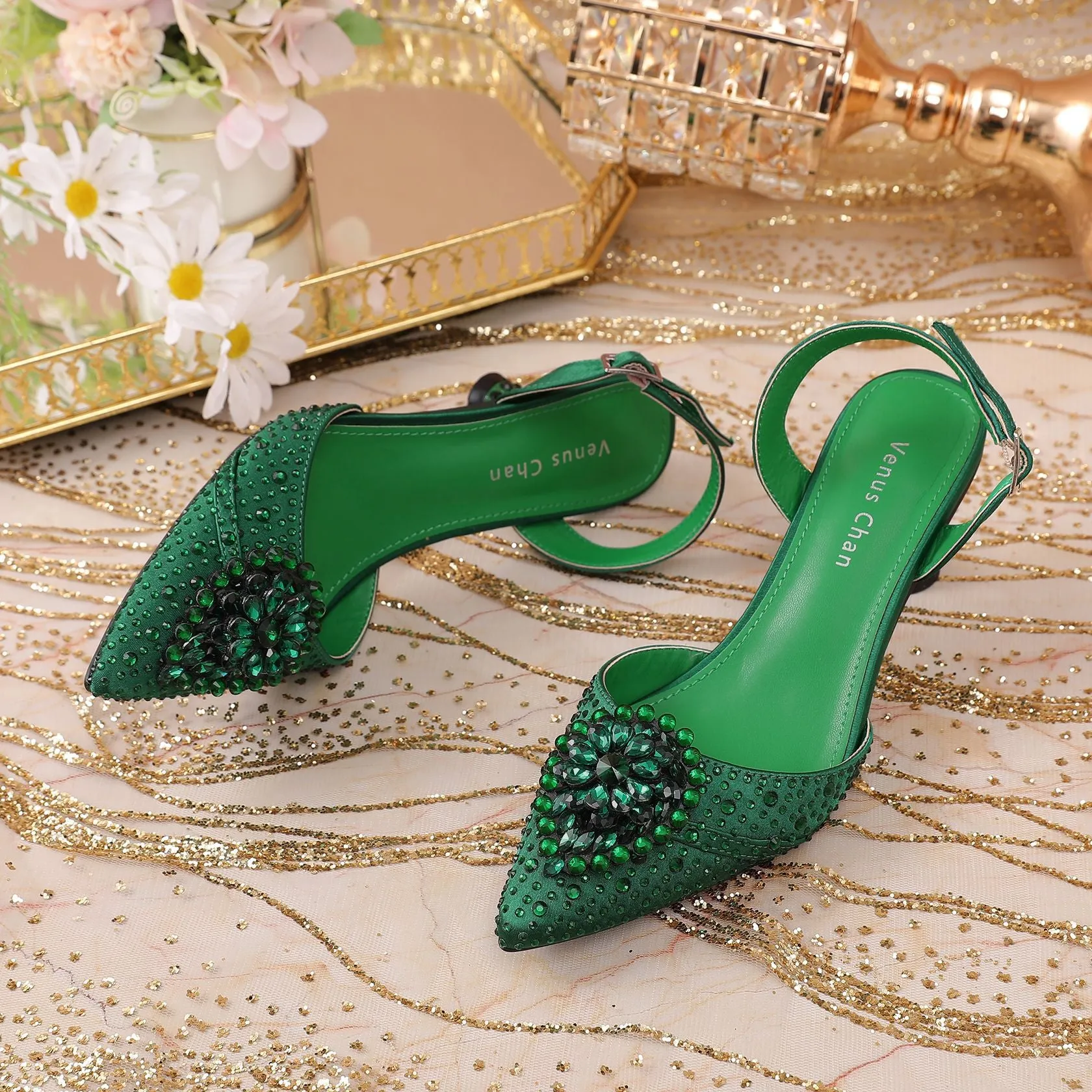 Rhinestone Point Toe Flare Heel Slingback Pumps