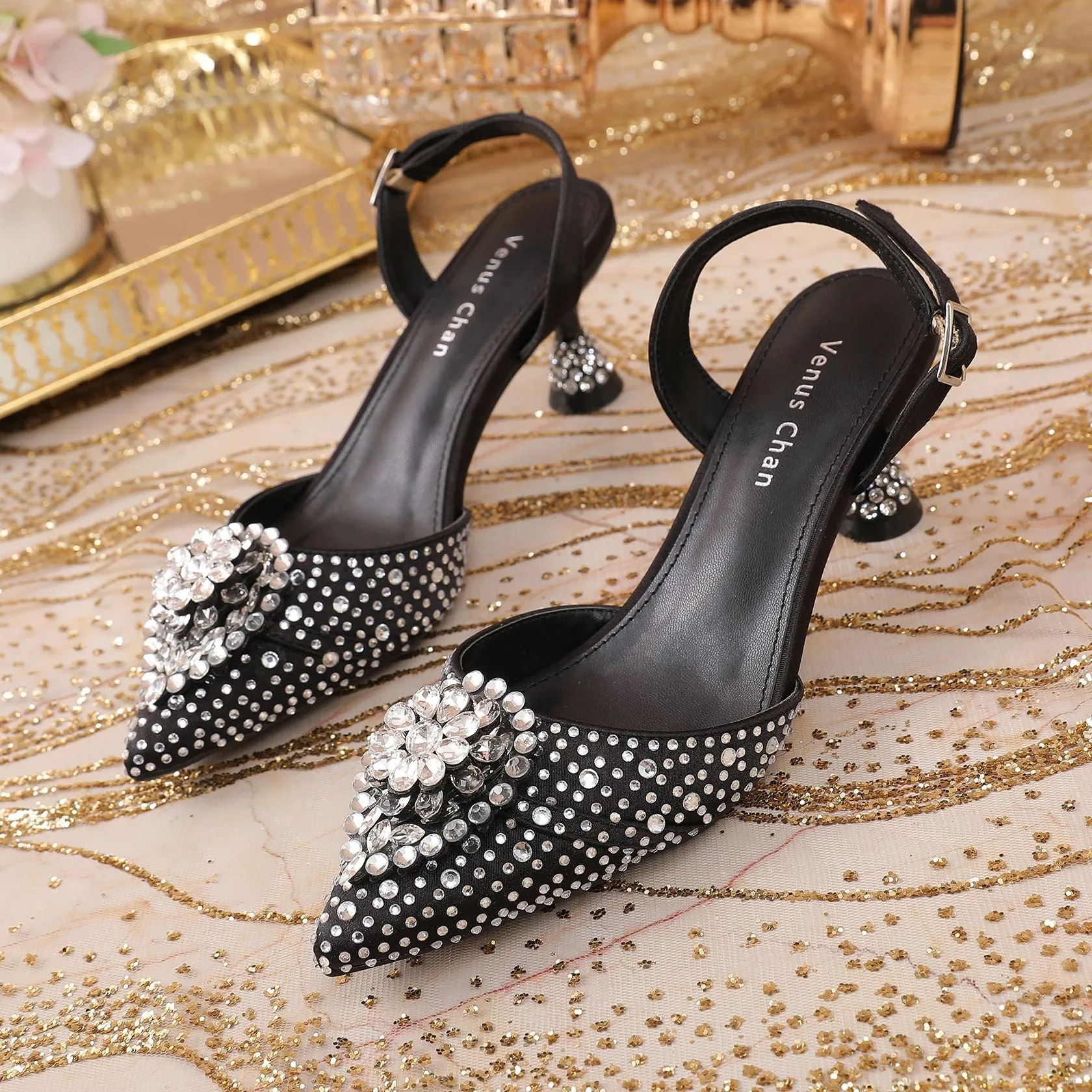 Rhinestone Point Toe Flare Heel Slingback Pumps