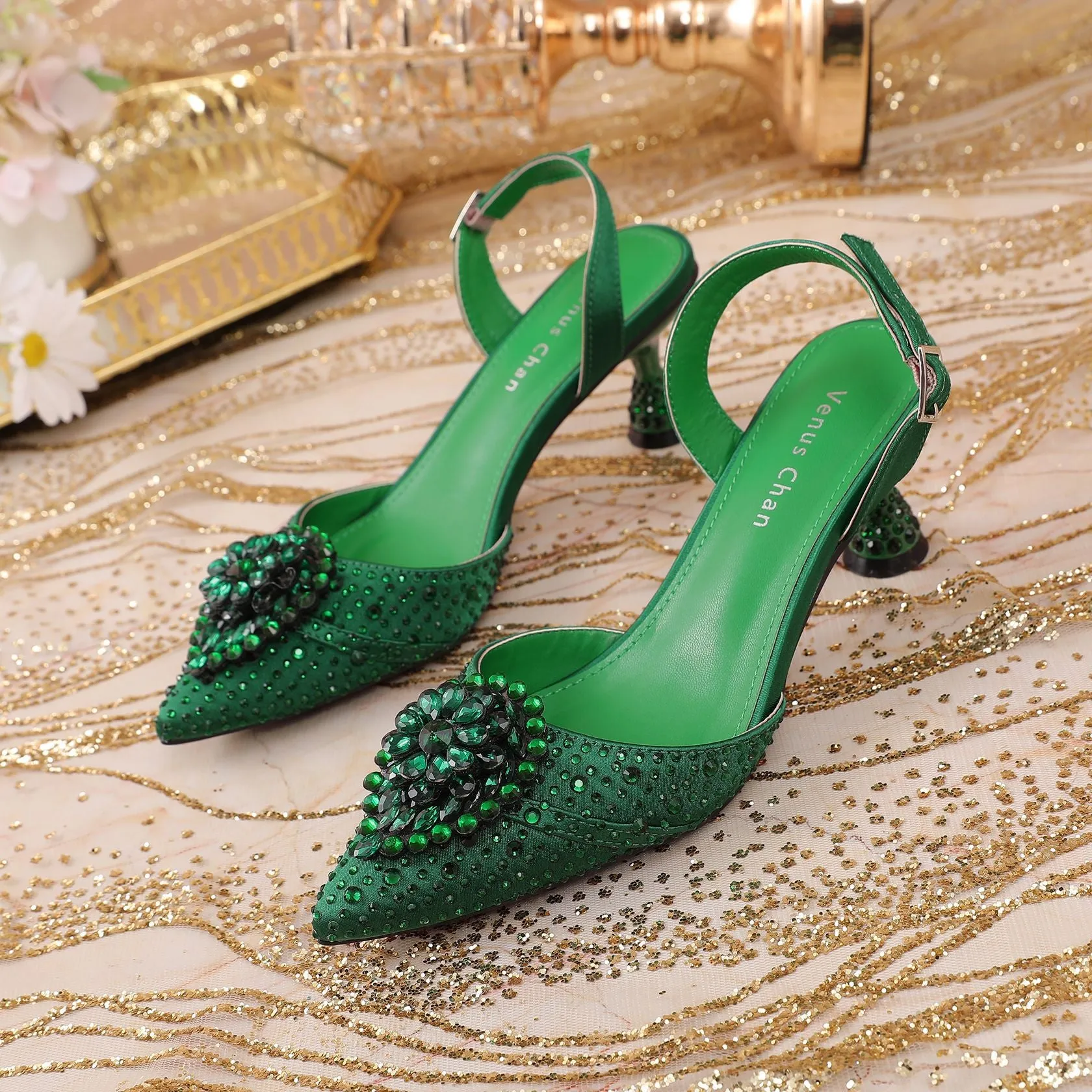 Rhinestone Point Toe Flare Heel Slingback Pumps