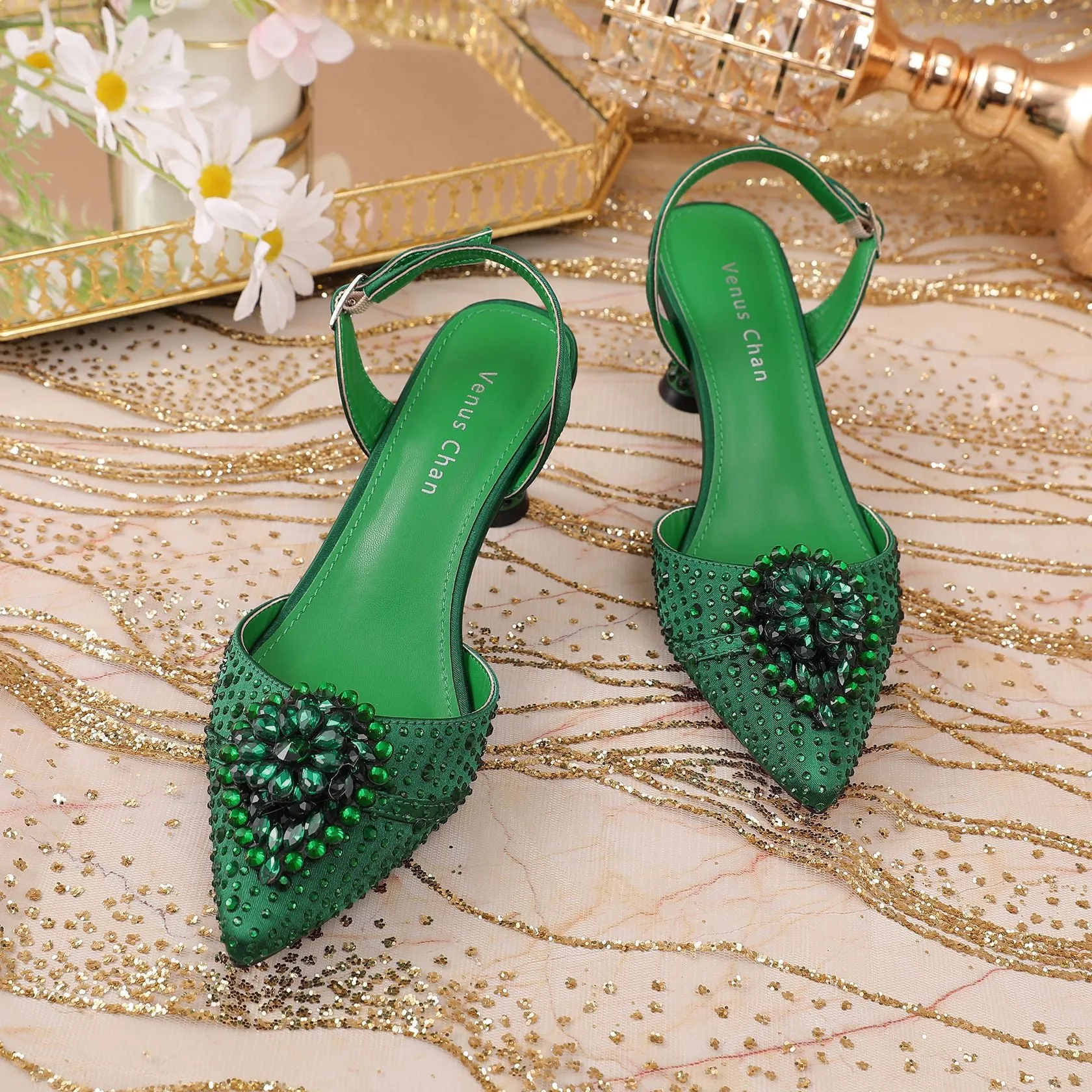 Rhinestone Point Toe Flare Heel Slingback Pumps