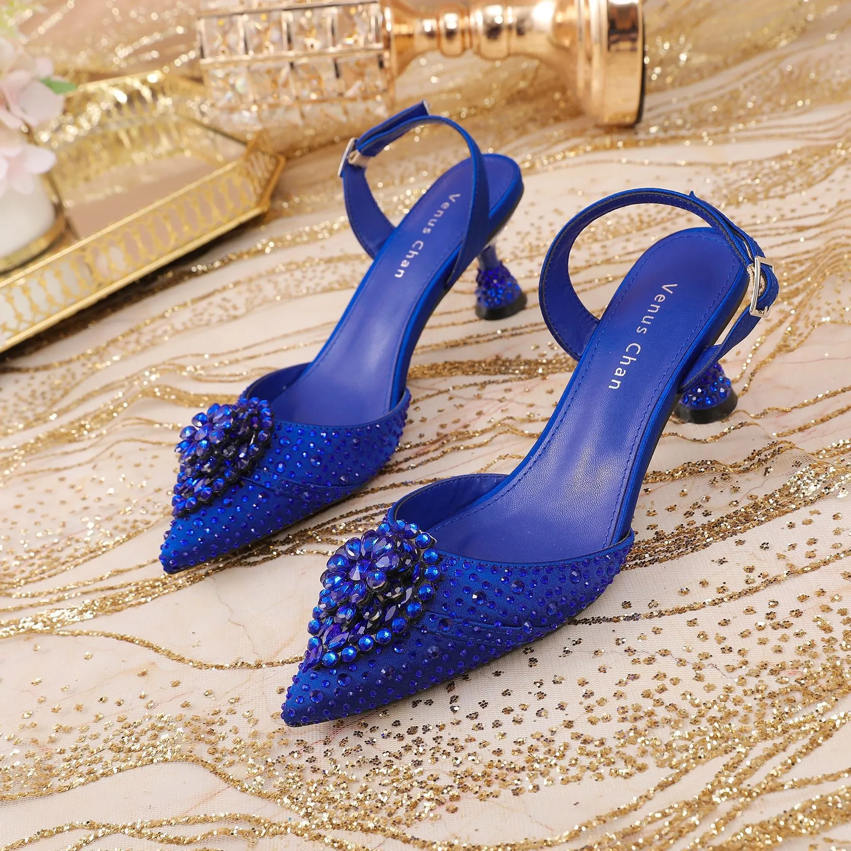 Rhinestone Point Toe Flare Heel Slingback Pumps