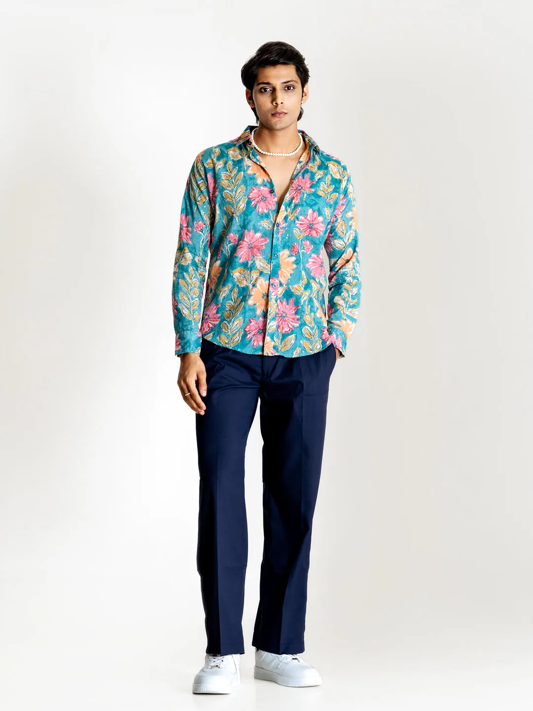 Robin Egg Blue Full Sleeve Sanganeri Printed Shirt