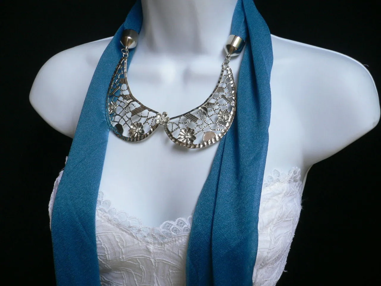 Royal Blue Scarf Necklace Silver Metal Flowers Collar Pendant Women Jewelry