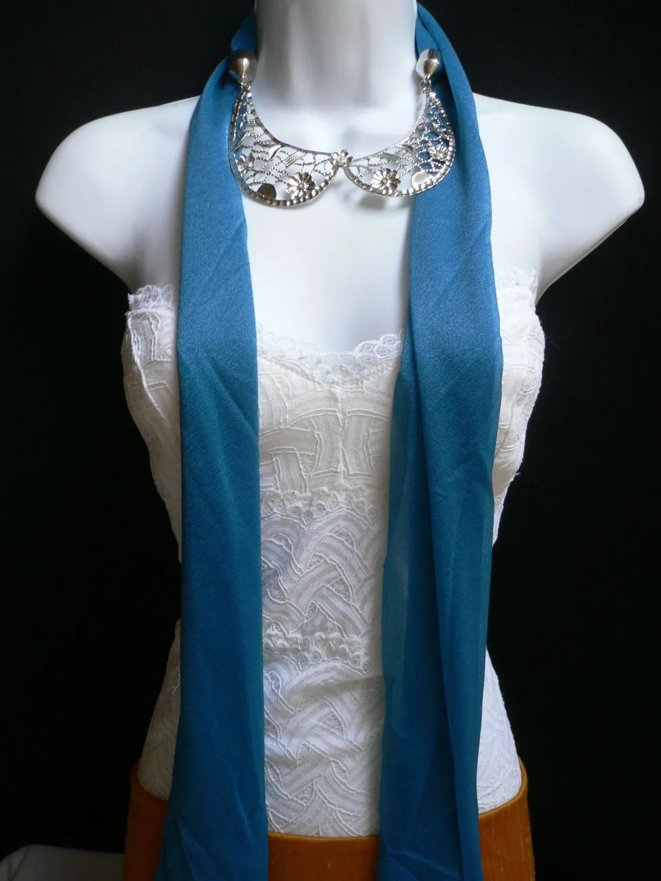 Royal Blue Scarf Necklace Silver Metal Flowers Collar Pendant Women Jewelry