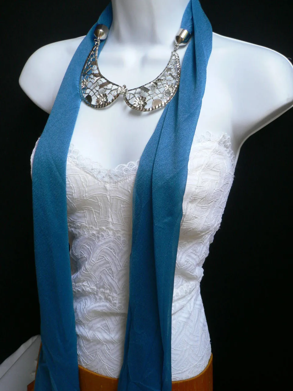Royal Blue Scarf Necklace Silver Metal Flowers Collar Pendant Women Jewelry
