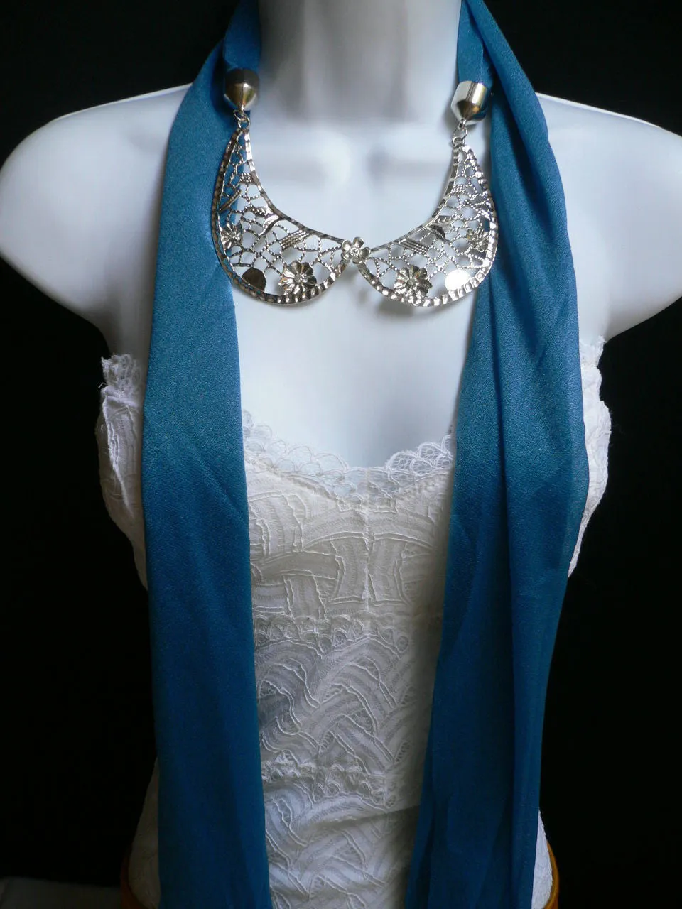 Royal Blue Scarf Necklace Silver Metal Flowers Collar Pendant Women Jewelry
